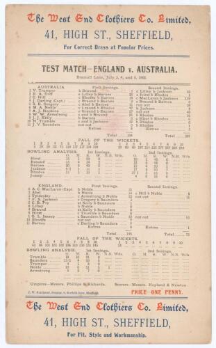 Australia tour to England 1902. &lsquo;Test Match- England v. Australia&rsquo;. Third Test. Early original double sided scorecard with printed scores complete to the end of the second day&rsquo;s play for the only Test match ever to be played at Bramall Lane, Sheffield, 3r
