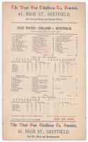 Australia tour to England 1902. ‘Test Match- England v. Australia’. Third Test. Early original double sided scorecard with printed scores complete to the end of the second day’s play for the only Test match ever to be played at Bramall Lane, Sheffield, 3r