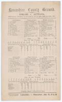 Australia tour to England 1902. ‘England v. Australia’. Fourth Test. Early original single sided scorecard with near complete printed scores for the 4th Test at Old Trafford, 24th- 26th July 1902. In a famous match in which Australia elected to bat first,