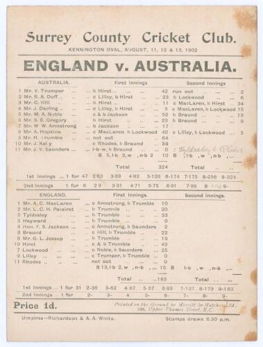 Australia tour to England 1902. &lsquo;England v. Australia&rsquo;. Fifth Test. &lsquo;Jessop&rsquo;s Match&rsquo;. Early original double sided scorecard with incomplete printed scores for the 5th Test at Kennington Oval, 11th- 13th August 1902. With Australia 2-0 ahead and the series