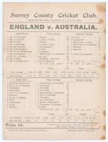 Australia tour to England 1902. ‘England v. Australia’. Fifth Test. ‘Jessop’s Match’. Early original double sided scorecard with incomplete printed scores for the 5th Test at Kennington Oval, 11th- 13th August 1902. With Australia 2-0 ahead and the series