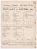 Australia tour to England 1902. &lsquo;England v. Australia&rsquo;. Fifth Test. &lsquo;Jessop&rsquo;s Match&rsquo;. Early original double sided scorecard with incomplete printed scores for the 5th Test at Kennington Oval, 11th- 13th August 1902. With Australia 2-0 ahead and the series