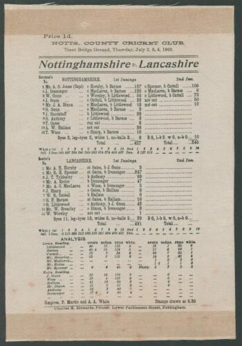 &lsquo;Nottinghamshire v. Lancashire&rsquo; 1903. Early original silk scorecard to commemorate Reggie Spooner&rsquo;s career best innings of 247 in the match played at Trent Bridge, 2nd- 4th July 1903. Batting first, Nottinghamshire&rsquo;s openers Arthur Jones (137) and Jimmy I