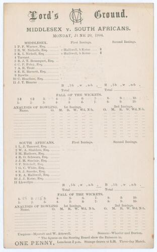 South Africa tour to England 1904. &lsquo;Middlesex v. South Africans&rsquo;. Rare early original double sided scorecard with incomplete printed and faint handwritten scores in pencil for the tied tour match played at Lord&rsquo;s 20th- 22nd June 1904. Middlesex elected to