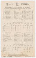 South Africa tour to England 1904. ‘England XI v. South Africans’. Early original double sided scorecard with complete printed scores for the tour match played at Lord’s 14th- 16th July 1904. The South Africans elected to bat first and scored 352, Reggie 