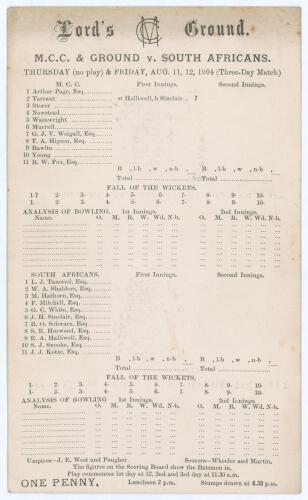 South Africa tour to England 1904. &lsquo;M.C.C. & Ground v. South Africans&rsquo;. Early original double sided scorecard with incomplete printed and faintly handwritten scores in pencil for the tour match played at Lord&rsquo;s 11th- 13th August 1904. No play was possible