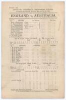 Australia tour to England 1905. ‘England v. Australia’. First Test. Early original double sided scorecard with incomplete printed scores for the 1st Test at Trent Bridge, 29th- 31st May 1905. England won the toss, elected to bat and were bundled out for 1