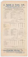 Australia tour to England 1905. ‘Yorkshire v. Australians’. Early original double sided scorecard with complete printed scores for the match played at Park Avenue, Bradford, 5th- 7th June 1905. Yorkshire elected to bat first and posted a healthy 324, Wilf