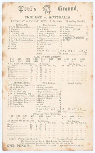Australia tour to England 1905. &lsquo;England v. Australia&rsquo;. Second Test. Early original double sided scorecard with complete printed and handwritten scores in pencil for the 2nd Test played at Lord&rsquo;s, 15th- 17th June 1905. England elected to bat first and sco