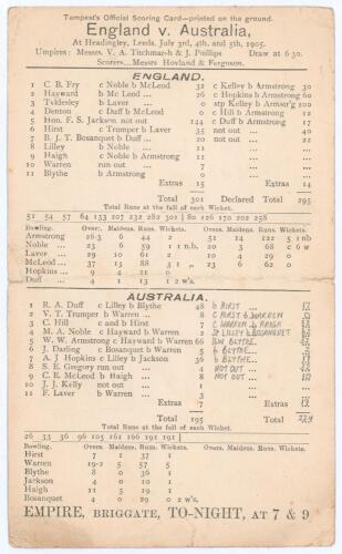Australia tour to England 1905. &lsquo;England v. Australia&rsquo;. Third Test. Early original double sided scorecard with complete printed and handwritten scores in pencil for the 3rd Test at Headingley, 3rd- 5th July 1905. England won the toss and batted first, sco