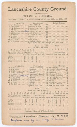 Australia tour to England 1905. &lsquo;England v. Australia&rsquo;. Fourth Test. Early original double sided scorecard with complete printed scores for the 4th Test at Old Trafford, 24th- 26th July 1905. Electing to bat first, England posted a strong 446, Stanley Jac