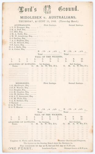 Australia tour to England 1905. &lsquo;Middlesex v. Australians&rsquo;. Early original double sided scorecard with incomplete faint handwritten scores in pencil for the tour match played at Lord&rsquo;s, 10th- 12th August 1905. Australia won the toss and batted first, losi