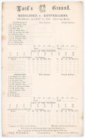 Australia tour to England 1905. ‘Middlesex v. Australians’. Early original double sided scorecard with incomplete faint handwritten scores in pencil for the tour match played at Lord’s, 10th- 12th August 1905. Australia won the toss and batted first, losi