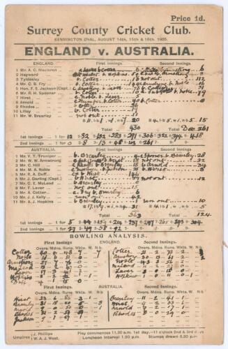Australia tour to England 1905. &lsquo;England v. Australia&rsquo;. Fifth Test. Early original scorecard with complete handwritten scores in ink for the 5th Test played at Kennington Oval, 14th- 16th August 1905. England won the toss for the fifth successive time in 