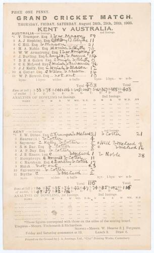 Australia tour to England 1905. &lsquo;Grand Cricket Match. Kent v Australia&rsquo;. Early original double sided scorecard with incomplete scores handwritten in ink for the match played at the St. Lawrence Ground, Canterbury, 24th- 26th August 1905. The Australians e
