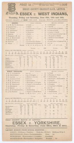 West Indies tour to England 1906. &lsquo;Essex v. West Indians&rsquo;. Rare early original double sided scorecard with complete printed scores for the match played at Leyton, 14th- 16th June 1906. Essex chose to bat first and made 226, Dan Reese the top scorer with 7