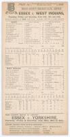 West Indies tour to England 1906. ‘Essex v. West Indians’. Rare early original double sided scorecard with complete printed scores for the match played at Leyton, 14th- 16th June 1906. Essex chose to bat first and made 226, Dan Reese the top scorer with 7