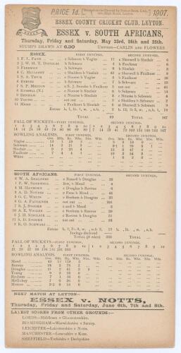 South Africa tour to England 1907. &lsquo;Essex v. South Africans&rsquo;. Rare early original double sided scorecard with complete printed scores for the tour match played at Leyton 23rd- 25th May 1907. Electing to bat first, Essex were bowled out cheaply for 89 with