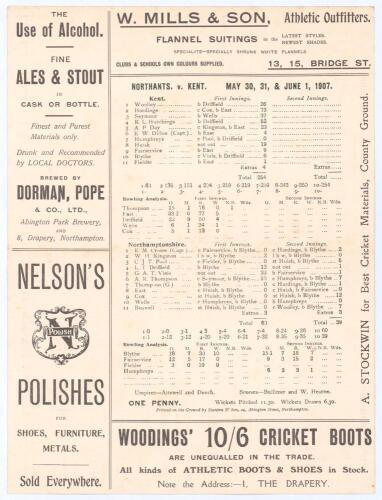 Colin Blythe, Kent & England 1899-1914. &lsquo;Record County Championship bowling figures&rsquo;. &lsquo;Northants. v. Kent&rsquo; 1907. Rare early original double sided folding scorecard with complete printed score for the match played at Northampton, 30th May- 1st June 1907. A