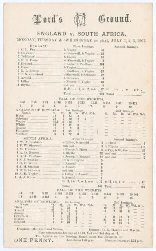 South Africa tour to England 1907. &lsquo;England v. South Africa&rsquo;. First Test. Rare early double sided scorecard with complete printed scores for South Africa&rsquo;s first overseas Test match, at Lord&rsquo;s 1st- 3rd July 1907. Electing to bat first England batted well 
