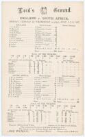 South Africa tour to England 1907. ‘England v. South Africa’. First Test. Rare early double sided scorecard with complete printed scores for South Africa’s first overseas Test match, at Lord’s 1st- 3rd July 1907. Electing to bat first England batted well 