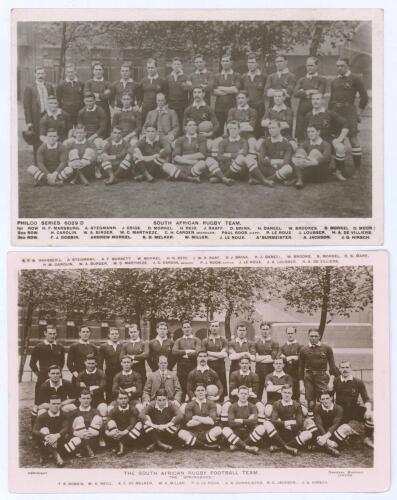 Rugby Union. South African tour to Europe 1906/07. Two original mono real photograph postcards of the Sprinkboks team depicted seated and standing in rows wearing rugby attire. Both postcards with printed titles and players&rsquo; names to borders. One Philco S