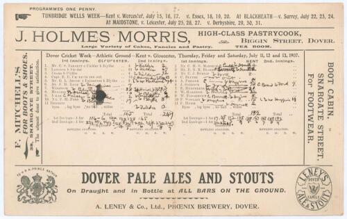 &lsquo;Dover Cricket Week- Athletic Ground- Kent v. Gloucester&rsquo;. Early original double sided scorecard with incomplete printed and handwritten scores in ink for the first County match to be played at Dover, 11th- 13th July 1907. Gloucestershire, sent in to bat 
