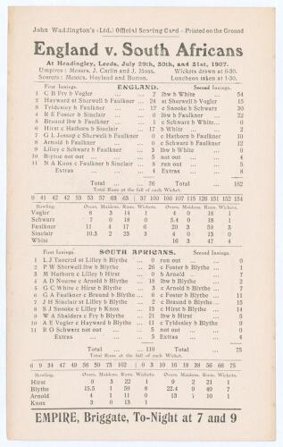 South Africa tour of England 1907. Second Test. &lsquo;England v. South Africans&rsquo;. Early original double sided scorecard for the 2nd Test match, played at Headingley 29th- 31st July 1907. In a rain affected match and a bowler-friendly pitch, England elected to 