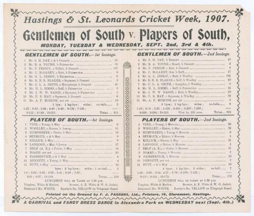 &lsquo;Hastings & St. Leonards Cricket Week, 1907. Gentlemen of South v. Players of South&rsquo;. Early original double sided folded scorecard with complete printed scores for the match played at the Central Recreation Ground, Hastings, 2nd- 4th September 1907. Gentl