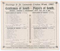 ‘Hastings & St. Leonards Cricket Week, 1907. Gentlemen of South v. Players of South’. Early original double sided folded scorecard with complete printed scores for the match played at the Central Recreation Ground, Hastings, 2nd- 4th September 1907. Gentl