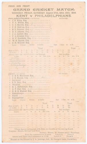 Gentlemen of Philadelphia tour to England 1908. &lsquo;Grand Cricket Match. Kent v Philadelphians&rsquo;. Rare early original double sided scorecard for the match played at the St. Lawrence Ground, Canterbury, 27th- 29th August 1908. The scorecard with the players li