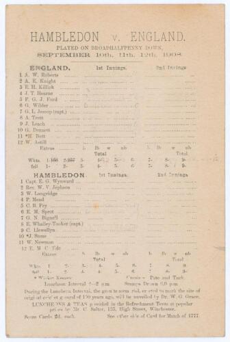 &lsquo;Hambledon v. England played on Broadhalfpenny Down&rsquo; 1908. Rare early original scorecard for the first match to be played on Broadhalfpenny Down in over 100 years, 10th- 12th September 1908. The scorecard lists the players for both teams (twelve per side)