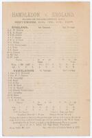 ‘Hambledon v. England played on Broadhalfpenny Down’ 1908. Rare early original scorecard for the first match to be played on Broadhalfpenny Down in over 100 years, 10th- 12th September 1908. The scorecard lists the players for both teams (twelve per side)