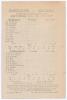 &lsquo;Hambledon v. England played on Broadhalfpenny Down&rsquo; 1908. Rare early original scorecard for the first match to be played on Broadhalfpenny Down in over 100 years, 10th- 12th September 1908. The scorecard lists the players for both teams (twelve per side)