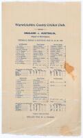 Australia tour to England 1909. ‘England v. Australia’. First Test. Early original commemorative silk scorecard for the 1st Test, played at Edgbaston, 27th- 29th May 1909. In a low scoring match, Australia elected to bat first only to be dismissed for 74,