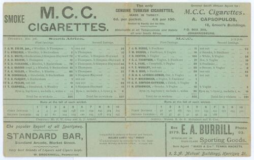 M.C.C. tour to South Africa 1909/10. South Africa v M.C.C. Third Test. Wanderers&rsquo; Club Grounds, Johannesburg, 26th February- 3rd March 1910. Very rare official folding scorecard for the 3rd Test. The scorecard features the printed title and advertising to