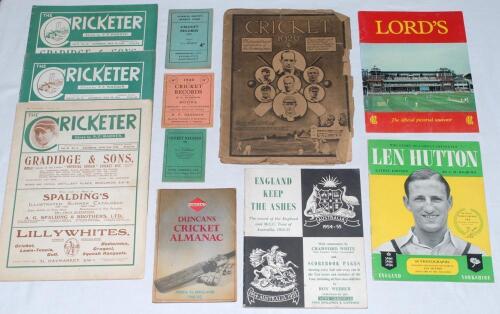 &lsquo;Cricket 1926&rsquo;. Official pre tour brochure with pictures of the Australian team, thirty leading English cricketers and the Test grounds. Published by Barton & Co., London 1926. Some age toning, nicks, tears and wear to cover edges, otherwise in generally 