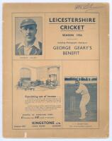 ‘Leicestershire Cricket. Season 1936. George Geary’s Benefit’. Original 16pp large format pictorial brochure produced for Geary’s benefit season in 1936. Original decorative card wrappers. Comprises photographs, biographies, advertising etc. Ownership nam