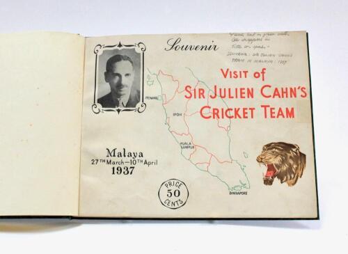 &lsquo;Visit of Sir Julian Cahn&rsquo;s Cricket Team. Malaya 27th March to 10th April 1937&rsquo;. Printed 96 page pre tour souvenir booklet compiled by Pat Zilwa. Kuala Lumpur 1937. Original decorative wrappers. Contains biographies and pen pictures of Cahn&rsquo;s and the Mala