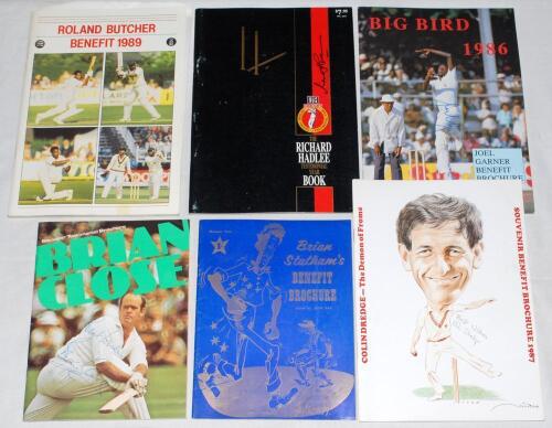 Signed and unsigned Benefit brochures 1950s-1980s. Six signed brochures including benefits for Brian Statham 1961 (plus another unsigned), Joel Garner 1986, Colin Dredge 1987, and Roland Butcher 1989, and testimonials for Brian Close 1976 and Richard Hadl