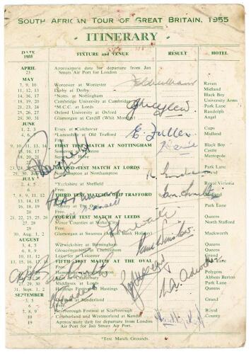 South Africa Tour to England 1955. Official folding tour itinerary signed in ink to the centre fixture list by all sixteen playing members of the tour. Signatures are Cheetham (Captain), McGlew, Fuller, Heine, Endean, Smith, Tayfield, Murray, Mansell, Wai