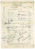 South Africa Tour to England 1955. Official folding tour itinerary signed in ink to the centre fixture list by all sixteen playing members of the tour. Signatures are Cheetham (Captain), McGlew, Fuller, Heine, Endean, Smith, Tayfield, Murray, Mansell, Wai