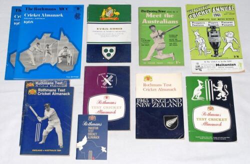 Cricket tour almanacks, booklets, programmes 1960s onwards. Six issues of the &lsquo;Rothmans Test Cricket Almanack&rsquo; for tours to England by Australia 1961, 1964, 1968, Pakistan 1962, West Indies 1963, and New Zealand to England 1965. Also tour booklets for Aus