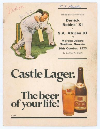 Derrick Robins tour to South Africa 1973/74. Official souvenir brochure for &lsquo;Derrick Robins XI v S.A. African XI&rsquo;, match at Moroka Jabara Stadium, Soweto, 20th October 1973. Signed to the pen pictures by twelve members of the touring party and twelve of t
