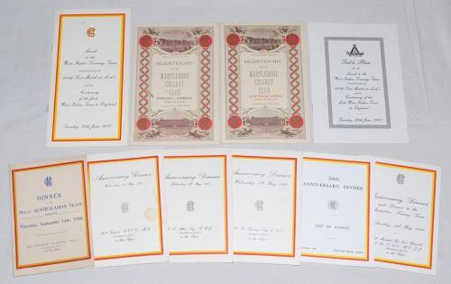 M.C.C. menus 1950-2000. Ten official menus and table plans for dinners including &lsquo;M.C.C. Australasian Team&rsquo; 14th September 1950, &lsquo;Anniversary Dinner&rsquo; 1st May 1963, 6th May 1964, 5th May 1965, Guest list for the 200th Anniversary Dinner 6th May 1987, two m
