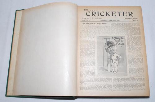&lsquo;The Cricketer&rsquo; magazine 1921-1962. Five boxes comprising a complete run totalling fifty volumes either bound or in binders. The first two volumes bound in official publisher&rsquo;s green cloth, lacking original wrappers, red speckled page edges. Vol. I nos. 1