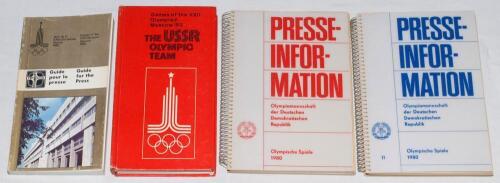 Olympics. Moscow 1980. Four official press handbooks issued for the Moscow Olympics of 1980. &lsquo;Guide for the Press&rsquo; produced by the Moscow Olympic Organising Committee. Minor wear to wrappers. &lsquo;The USSR Olympic Team&rsquo; in red boards, compiled by G. Sokolov. 
