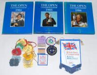 The Open Championship 1973-1986. Small box comprising a collection of fifteen official admission swing tags for the Open Championships of 1973, 1974, 1976 and 1978-1986, with odd duplication, also car park tickets, information leaflets, pennants etc. and 