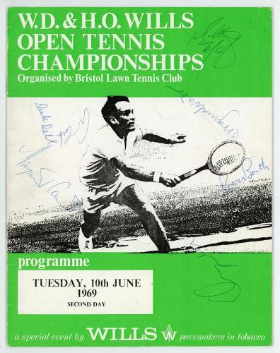 &lsquo;W.D. & H.O. Wills Open Tennis Championships&rsquo; 1969. Official programme for the second day of the tournament held in Bristol, 10th June 1969. Signed to the front and back covers by twelve participants. Signatures include Arthur Ashe, Virginia Wade, Margare