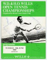 ‘W.D. & H.O. Wills Open Tennis Championships’ 1969. Official programme for the second day of the tournament held in Bristol, 10th June 1969. Signed to the front and back covers by twelve participants. Signatures include Arthur Ashe, Virginia Wade, Margare